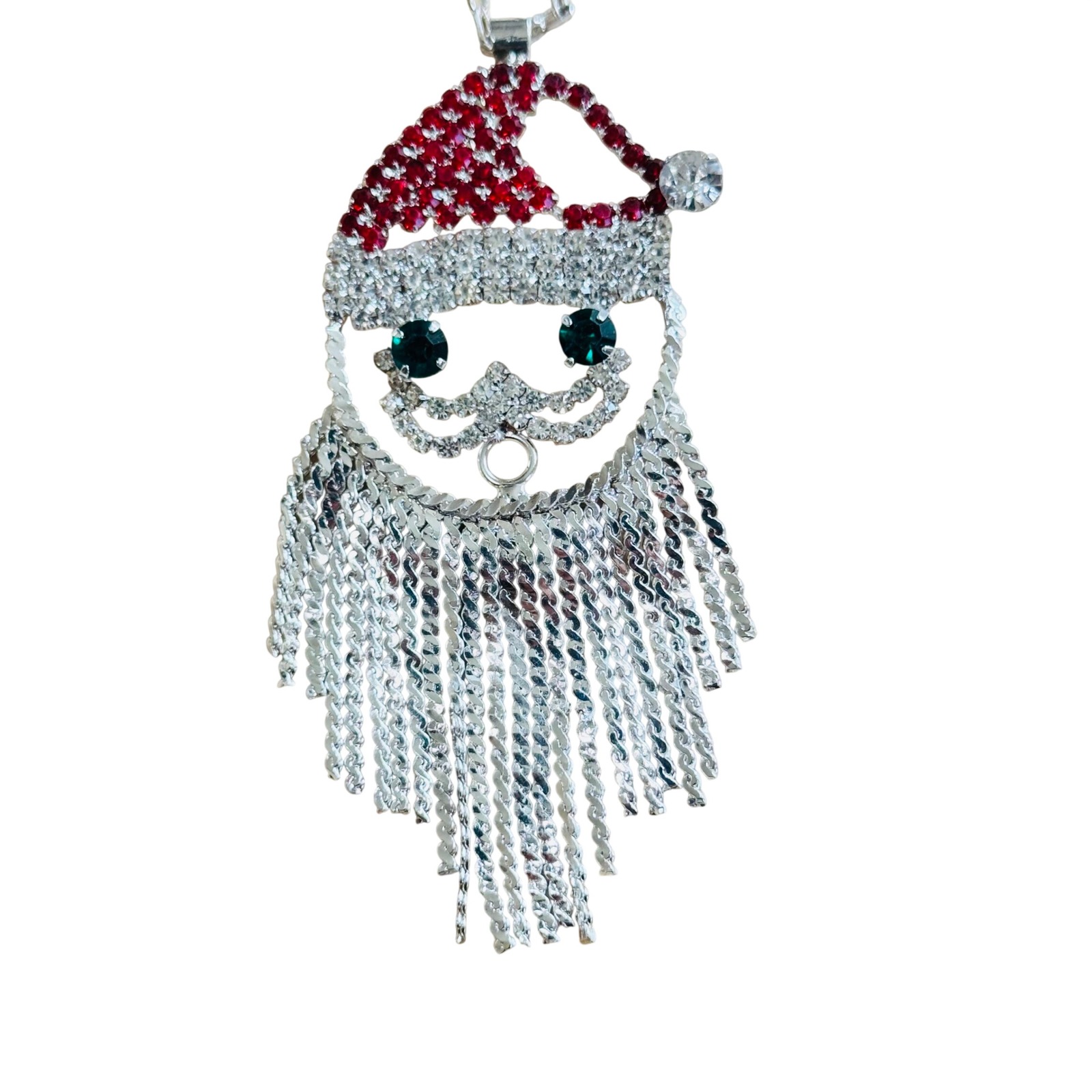 Santa Claus Rhinestone Necklace Vtg Crystal Silver Plated Sparkling Retro 33"